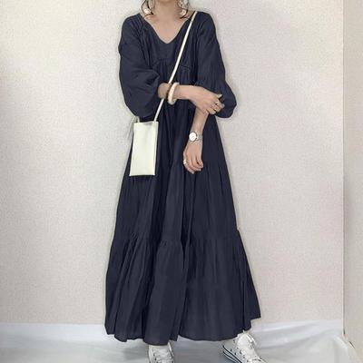 Женское повседневное платье с V-образным вырезом, длинным рукавом, свободного кроя, длинное, EMA