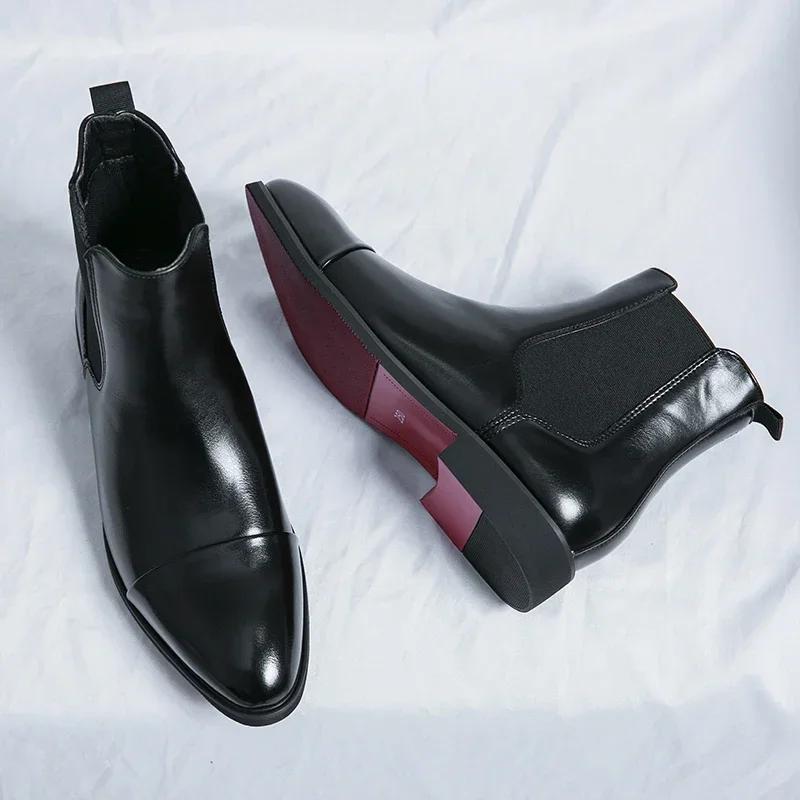 Chelsea Boots for Men Red Sole Pu Ankle Business Round Toe Slip-On Mens Boots Size 38-46 Men Shoes