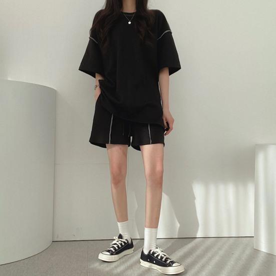 2 шт./компл. женский летний спортивный костюм с круглым вырезом и половиной рукавов, свободный топ с завязками, высокая эластичная талия, однотонный