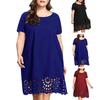 Женское летнее платье миди с вырезом по краю, большие размеры, с короткими рукавами и круглым вырезом, свободный подол, однотонное женское повседневное платье