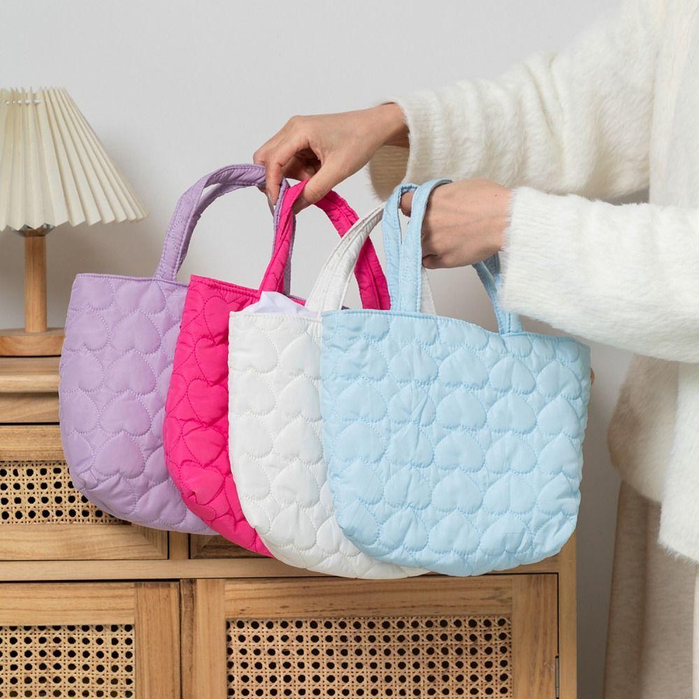 Solid Color Quilted Love Handbag Sweet Lovely Lunch Bag Fashion Puffer Tote Bag Daily