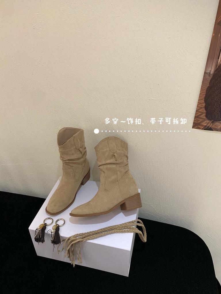 2025 осень и зима новые женские ботинки на толстом каблуке с кисточками, квадратный носок, внутренняя платформа, ковбойские ботинки в западном стиле, высокий каблук, рыцарские ботинки средней высоты