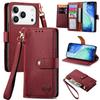 For iPhone 17 Pro Max Case RFID Blocking Zipper Pocket Leather Wallet Phone Cover with Strap