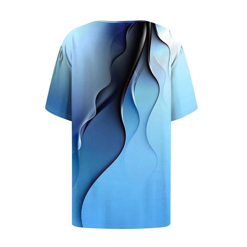 Women's Fashionable Casual Short Sleeve Button Print Round Neck Pullover Top