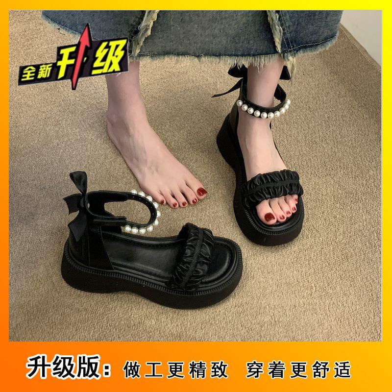 French Roman Sandals Women's 2024 Summer New Thick-soled Pearls with a Word Belt Outside, Fairy Style with Skirt Sandals