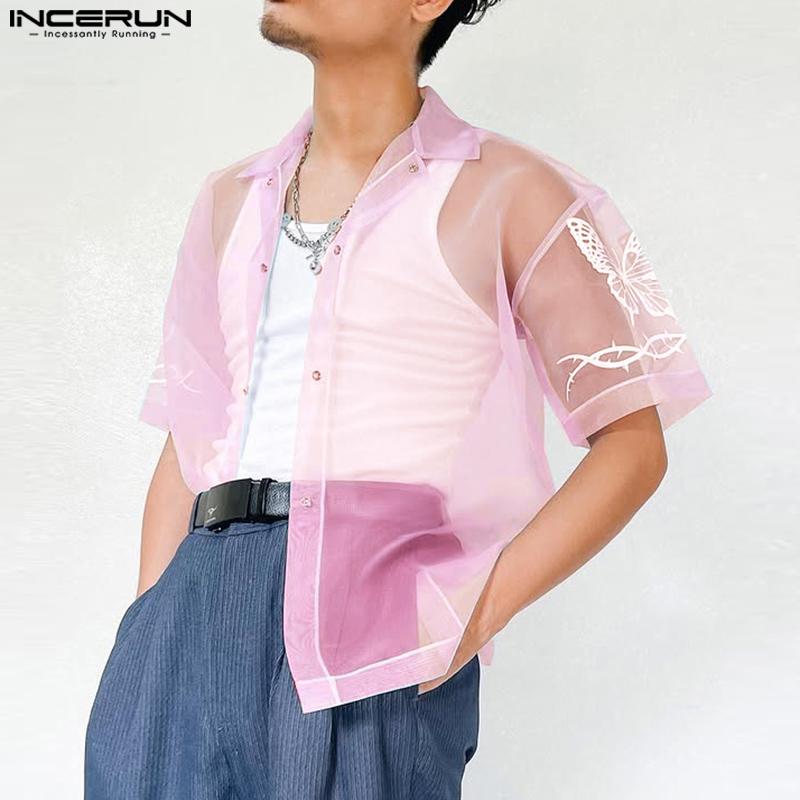 INCERUN Мужские летние футболки с коротким рукавом из сетки и блестками для пляжа