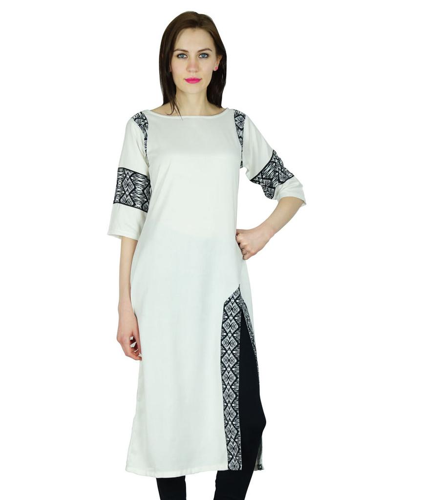 Bimba Женский прямой вискоза Kurta с длинными рукавами Kurti 3 и 4, белый топ в этническом индийском стиле