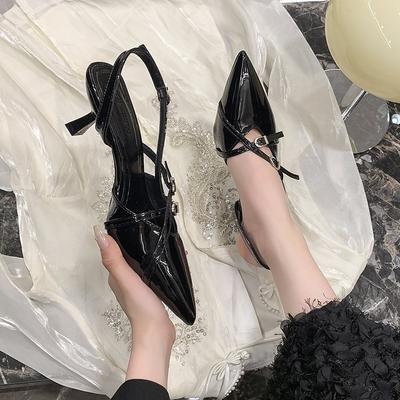 Французские бежевые босоножки на среднем каблуке с острым носком, женские, весна-лето 2024, новые, с закрытой пяткой и открытой задней частью