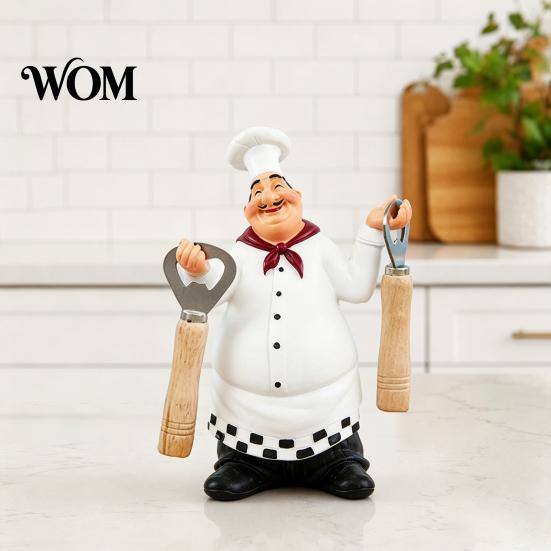 Chef Statue with Props Figurine, Resin Countertop Table Decoration, Funny Cartoon Kitchen Accessory Seasoning Bottle/Bottle Opener/Message Board