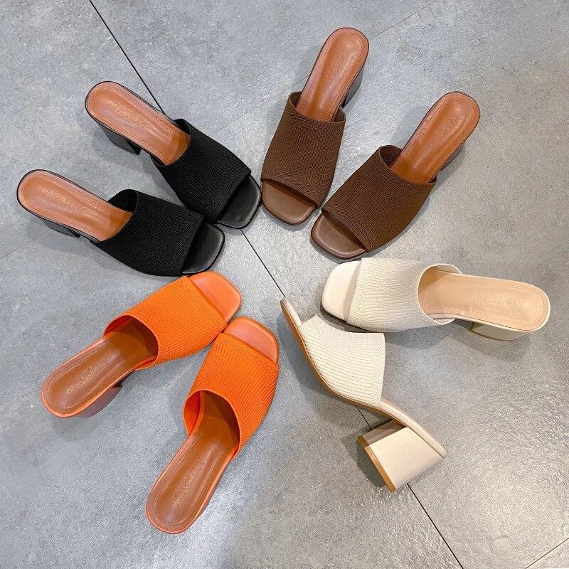 Женские тапочки, летние пикантные модельные туфли на треугольном толстом каблуке с квадратным носком, вечерние туфли на высоком каблуке, вязаные повседневные туфли-лодочки, размер 35-41