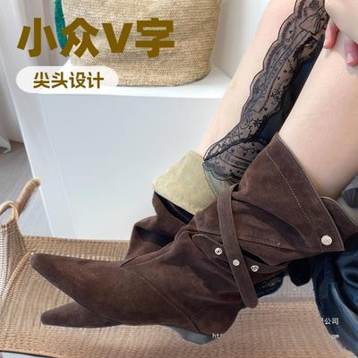 Большой размер остроносые западные ковбойские сапоги нишевые косые голенища с пряжкой полусапоги 2025 новые двухсторонние сапоги-гармошки