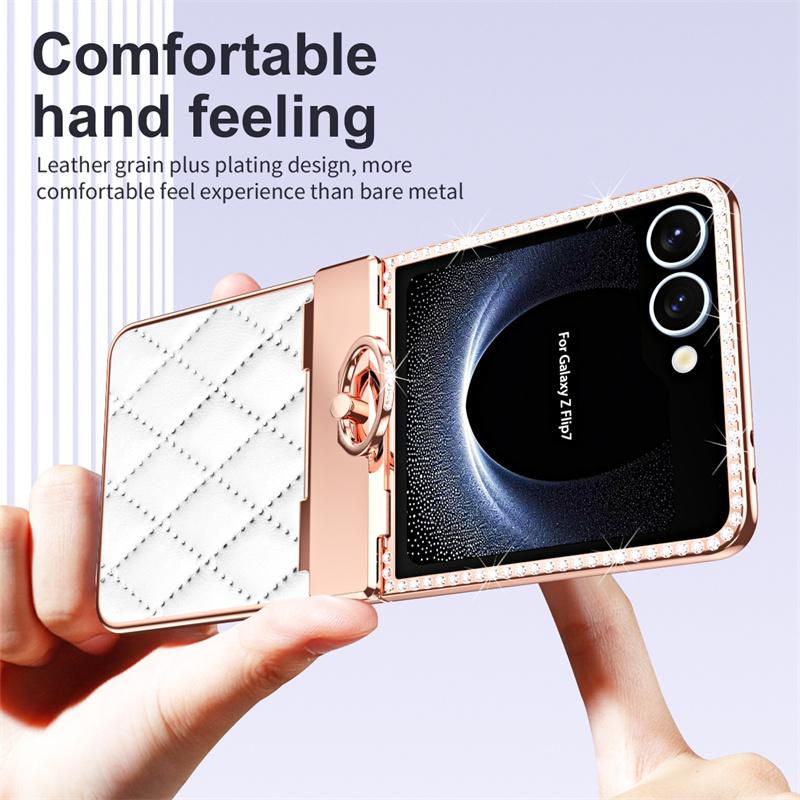 Для Samsung Galaxy Z Flip7 5G Чехол для телефона из ПУ кожи с покрытием, блестками, стразами, кольцом-держателем, защита шарнира, защитная пленка для экрана, противоударный чехол