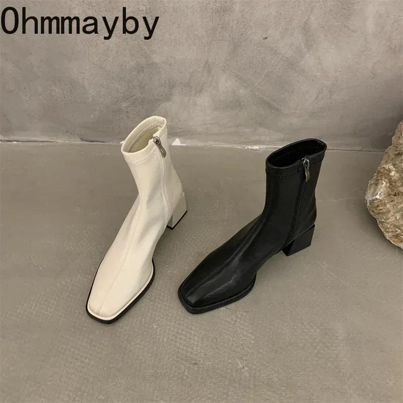 Fashion Women Ankle Boots Woman Square Heel Fashion Zipper Autumn Winter Women's Shoes Leather Girl's Short Booties