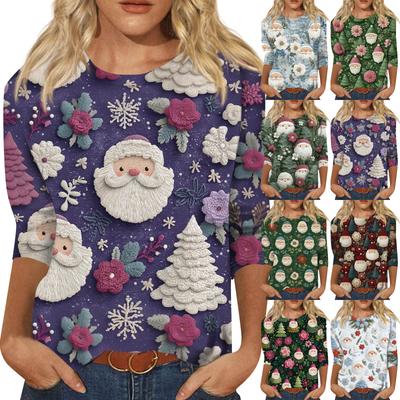 Женская модная повседневная свободная футболка с круглым вырезом и рукавами 3/4 с принтом, женский топ