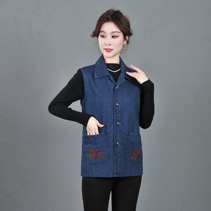 Spring and Autumn Denim Vest Women's Dark Blue Middle-aged Mother Vest Vest Large Size
