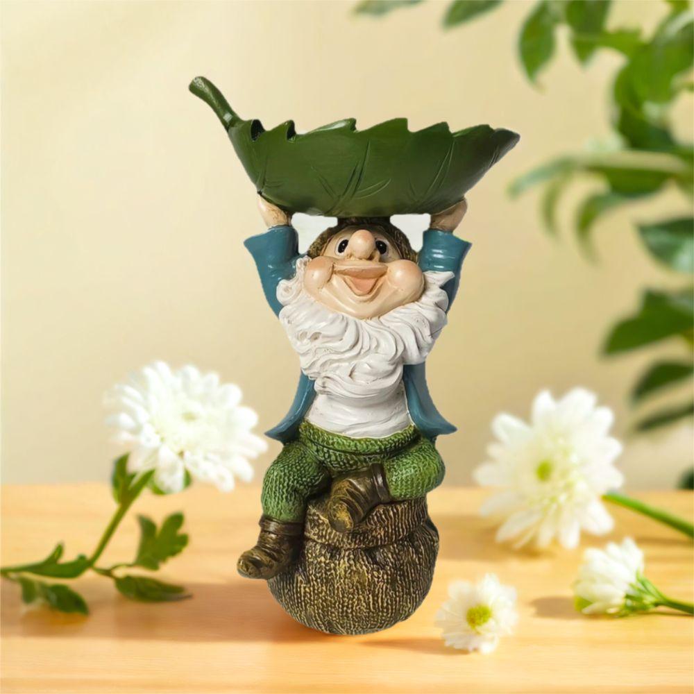 Resin Bird Feeder Holding Leaves Garden Gnome Statue Creative Dwarf Sculpture Patio