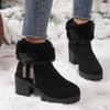 Square Heel Women Winter Shoes Classic Buckle Warm Fur Snow Ladies Boots High Heels Black Platform Ankle Boots