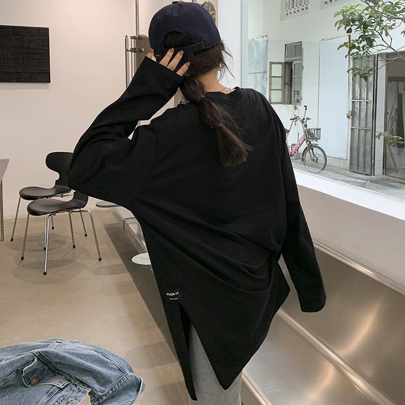 Женская однотонная футболка с длинными рукавами и разрезом, корейская весна-осень, женские повседневные свободные топы, белые рубашки