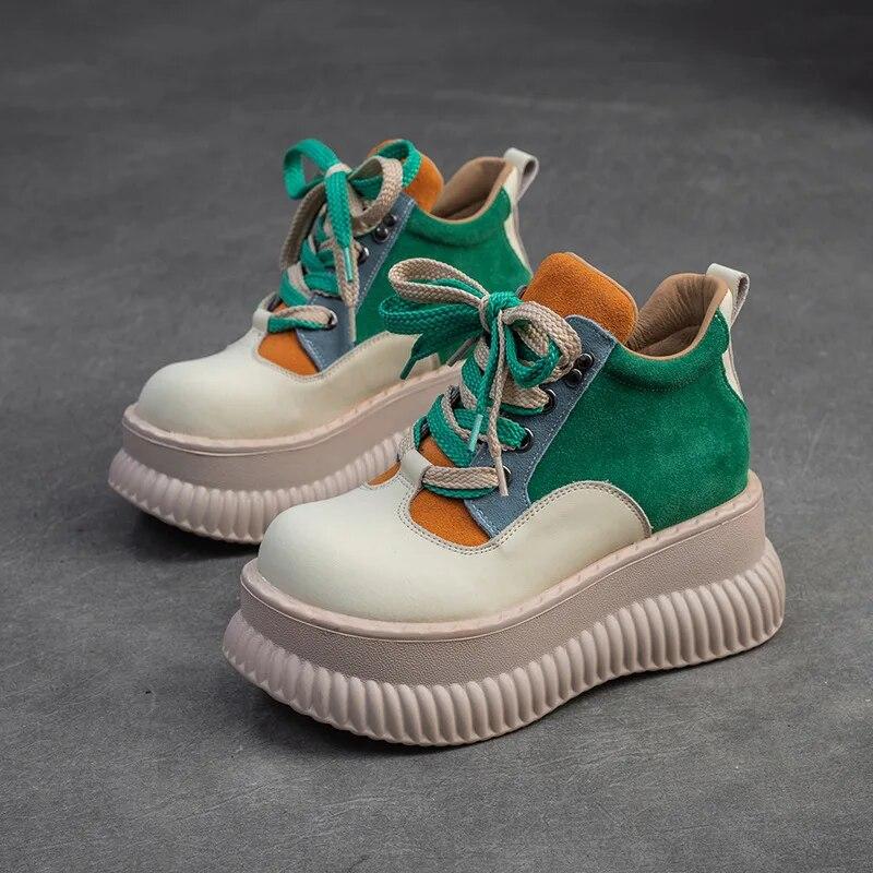 Johnature Туфли из натуральной кожи на плоской платформе, разноцветные туфли на толстой подошве, повседневная женская обувь на повышенной высоте