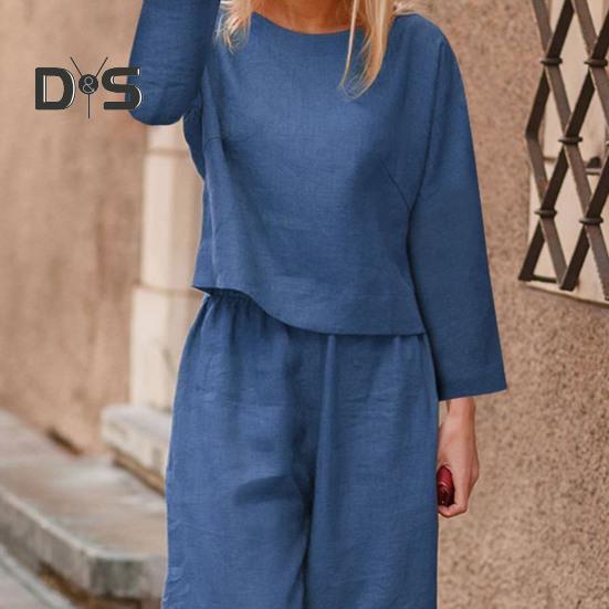 2 Pcs/Set Fall Spring Women Top Pants Set Long Sleeves Round Neck T-shirt Elastic Waist Trousers with Side Pockets OL Commuting Sport Pantsuit Outfit