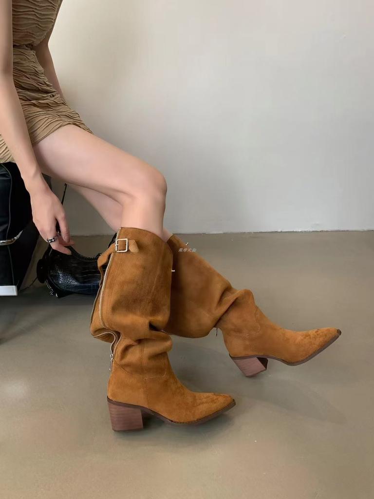 Pointed Big Tube Circumference High Heel Stacking Boots Niche Design Rear Zipper Retro Western Cowboy Boots Thick Heel Boots Women
