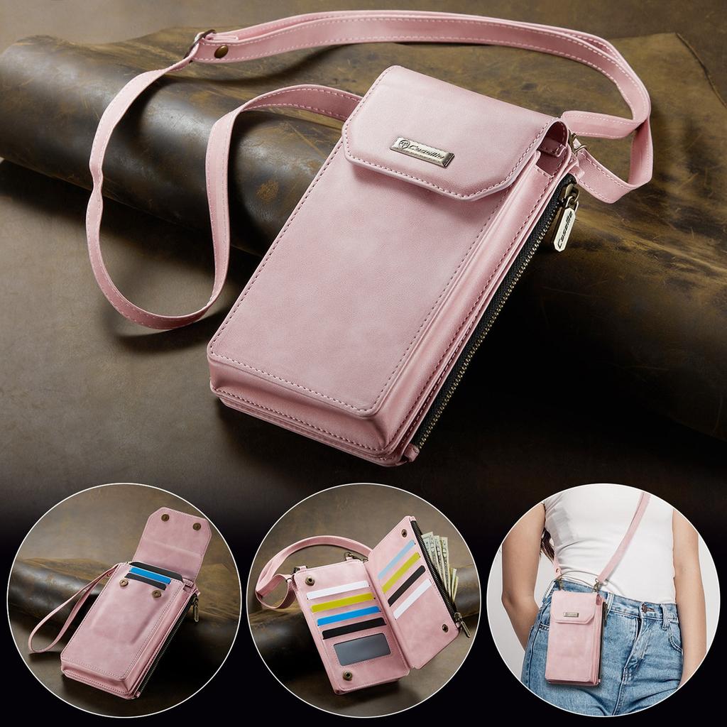 Multi-function Cellphone PU Leather 9 Card Slots Wallet Case with 2 Ropes for iPhone Samsung Xiaomi Anti-theft Brush Universal Size Zipper Bag