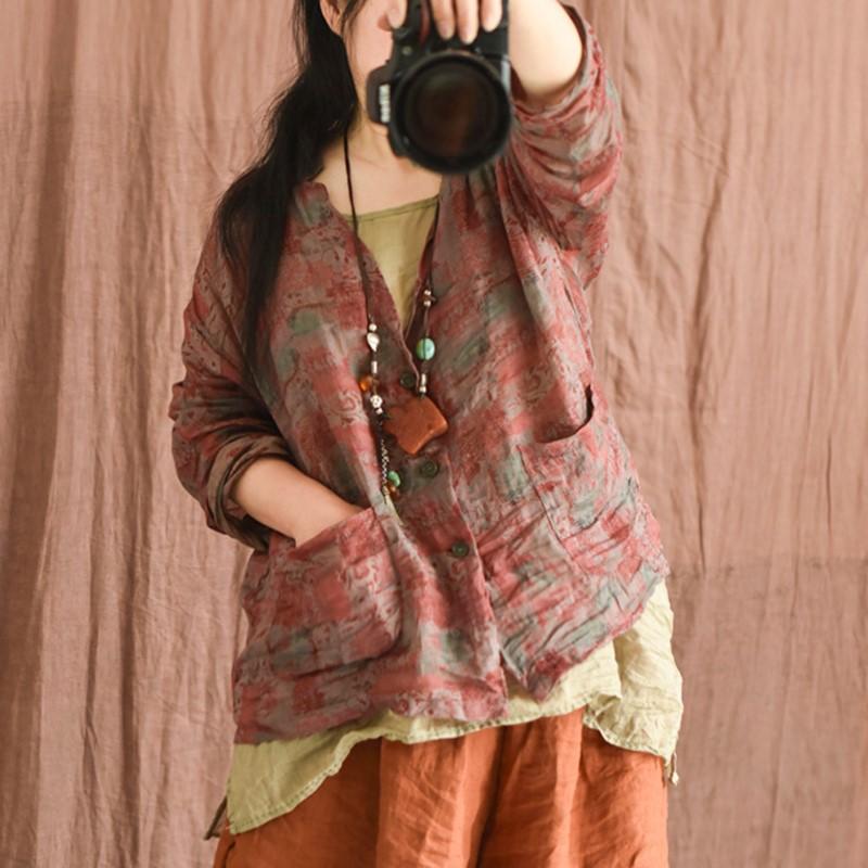 Johnature Женские винтажные рубашки с цветочным принтом Ramie, весенние топы с v-образным вырезом и длинными рукавами, карманы на пуговицах, женские рубашки