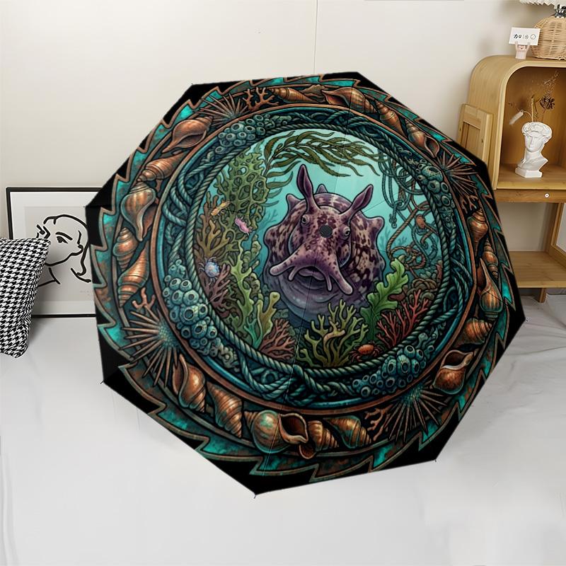 Underwater Marine Emblem pattern umbrella, portable and foldable design, 8 ribs, a casual accessory for Halloween, Christmas, and birthday gifts.