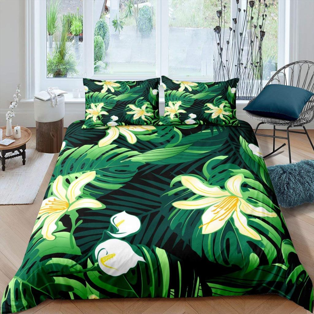 Palm Leaves Duvet Cover Monstera Leaf Comforter Covers Tropical Green Leaves Bedding Set White Marble Quilt Cover For Men Women
