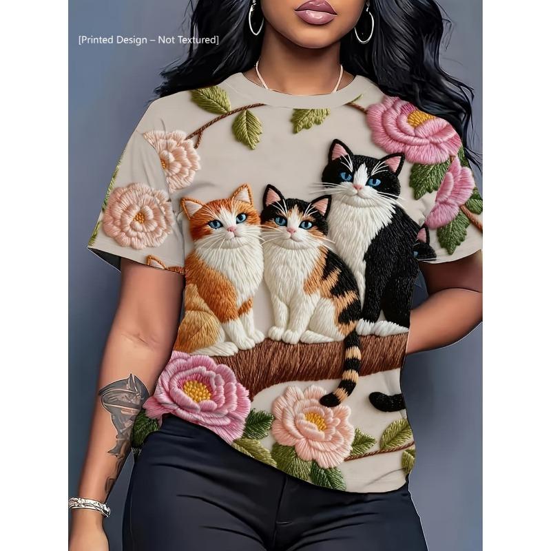 Funny Cat Pattern Women's T-Shirt Cute Animal 3D Print T-Shirts Summer Fashion Casual Street Tees Short Sleeves Round Neck Tops