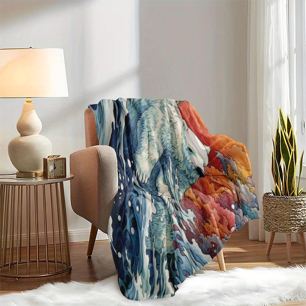 Watercolor style polar bear pattern Flannel printed blanket suitable for all seasons suitable for living room office sofa travel