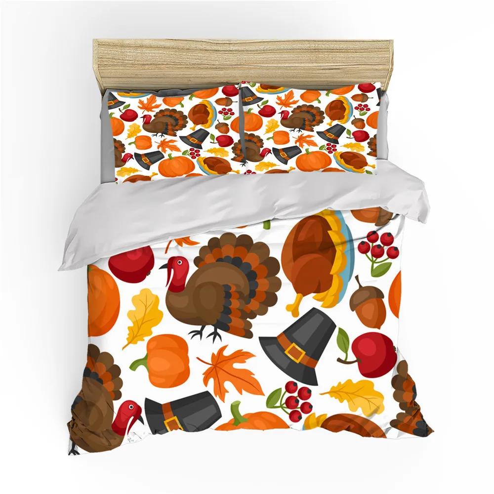 Autumn Thanksgiving Day Duvet Cover King Queen Cartoon Orange Pumpkin Turkey Bedding Set Maple Leaves Soft Polyester Quilt Cover