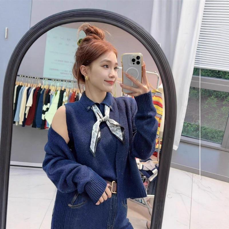 Shi Jian Academy Style Lapel Two-piece Knitted Cardigan Sweater Women's Autumn New Versatile Premium Women's Top