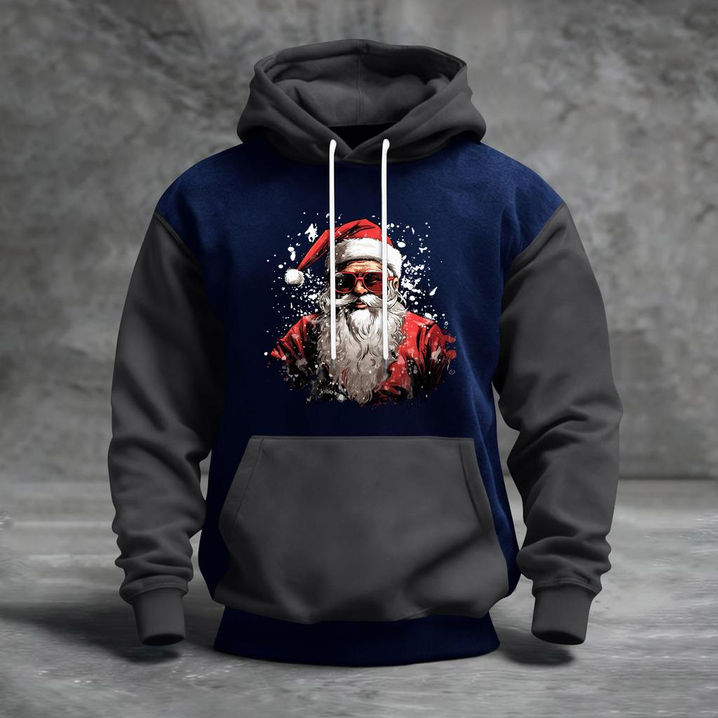 Мужской рождественский свитшот с капюшоном, повседневный, спортивный, удобный, с цветными блоками и принтом