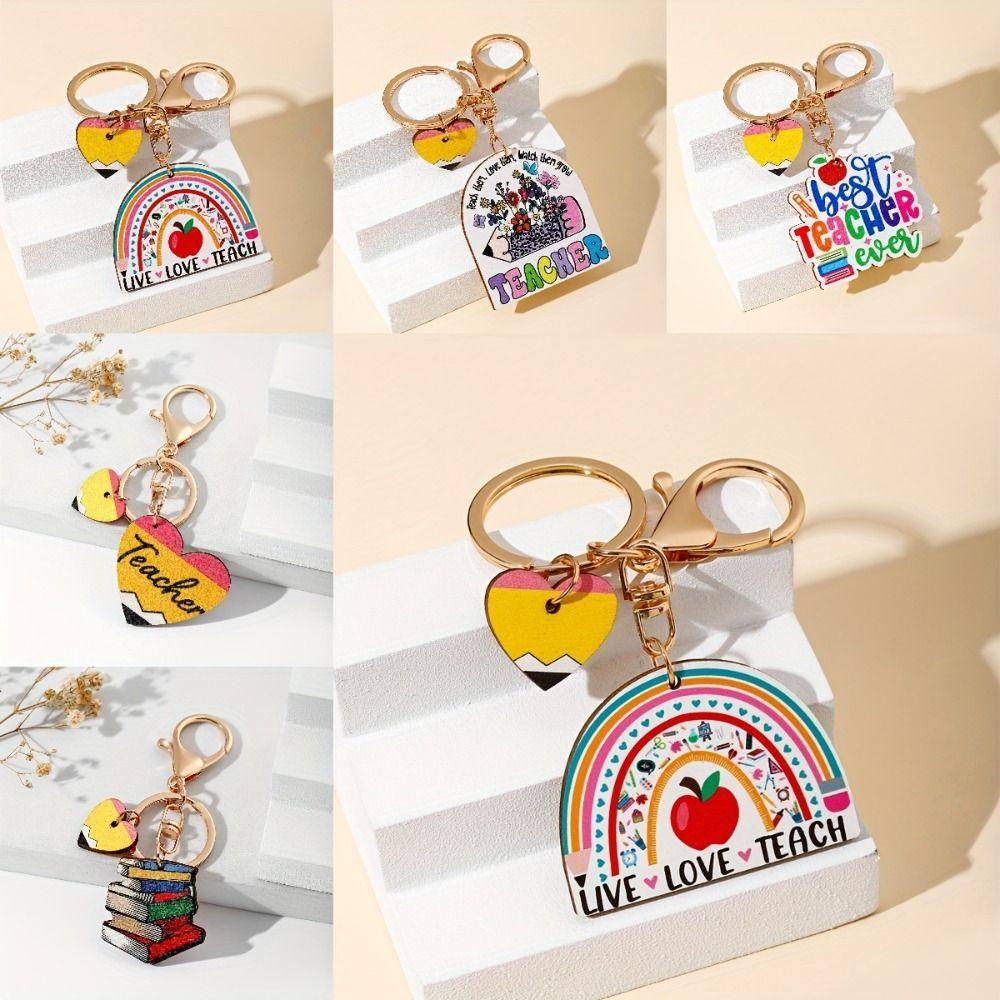 Wooden Pencil Rainbow Keychain English Letter Teacher Education Pendant Female Lady Girl