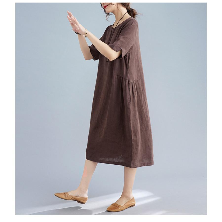 Хлопок лен однотонные винтажные платья лето осень одежда женщины повседневное платье средней длины