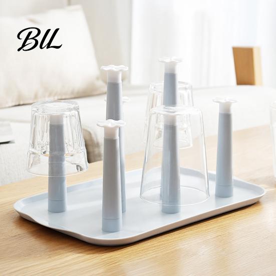 Home Cup Organizer 6-Slot Plastic Drying Rack with Drip Tray Space-Saving Anti-bacterial Holder Countertop for Mugs Glasses BPA-Free Kitchen