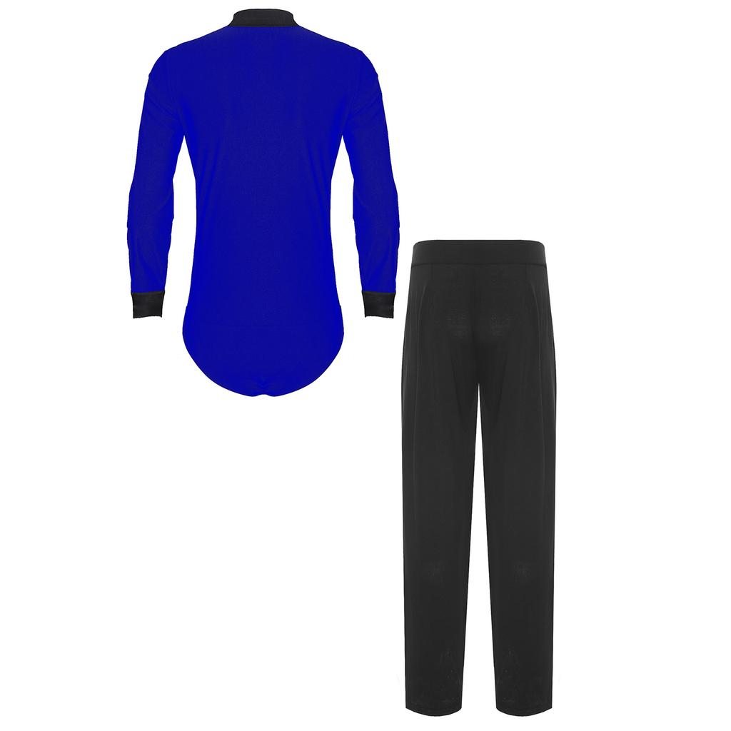 Mens Latin Dance Outfit V Neck Long Sleeve Rhinestone Bodysuit Satiny High Waist Straight Long Pants