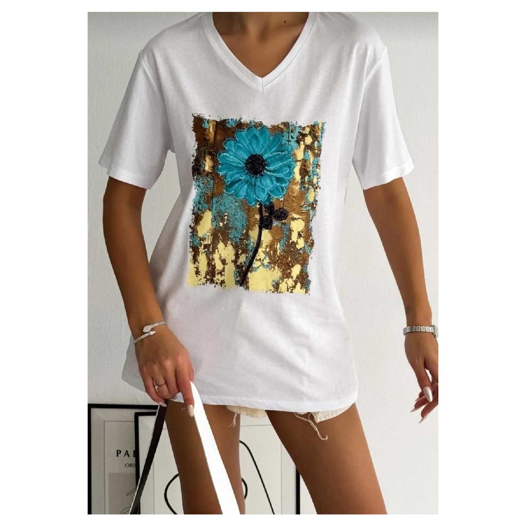 Женская черная футболка из 100 % хлопка с v-образным вырезом и вышивкой пайетками больших размеров