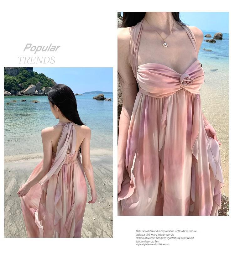 Элегантное платье без спинки с оборками и халтером во французском стиле для женщин - Идеально для летних приморских отпусков