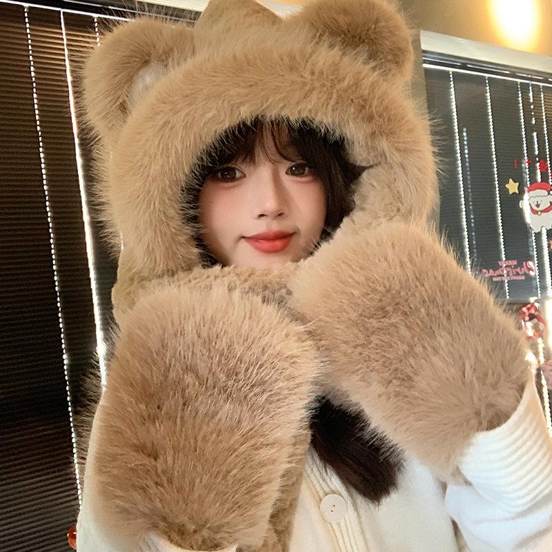 2025 Женский милый капюшон с медведем: Зимний плюшевый набор шапка, шарф, перчатки