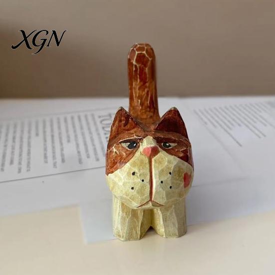 Unique Handcrafted Cat Decor Tabby Wood Figurine with Painting, Hand Carved Basswood Decorative Car Accessories Statue, Animal Art Ornament