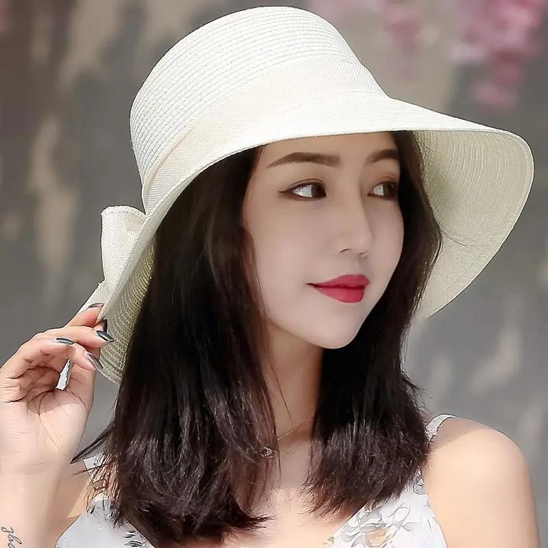 WTEMPO Elegant Casual Travel Beach Foldable Summer Hats with Bow Women's Wide Brim Solid Color Outdoor Sunscreen Hats