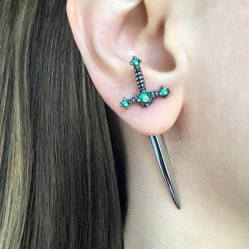 Novel Punk Multicolor Crystal Dagger- Earrings Metal Sword- Handle Studs Earrings for Women Girls Halloween Jewelry Gift