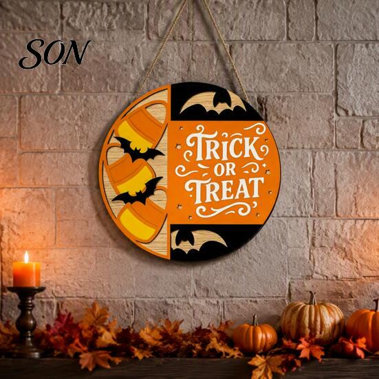 Retro Wall Plaque Halloween Trick or Treat Wooden Door Sign, Round Bat Silhouette Sign Hanging for Home Front & Party Decoration Personalized