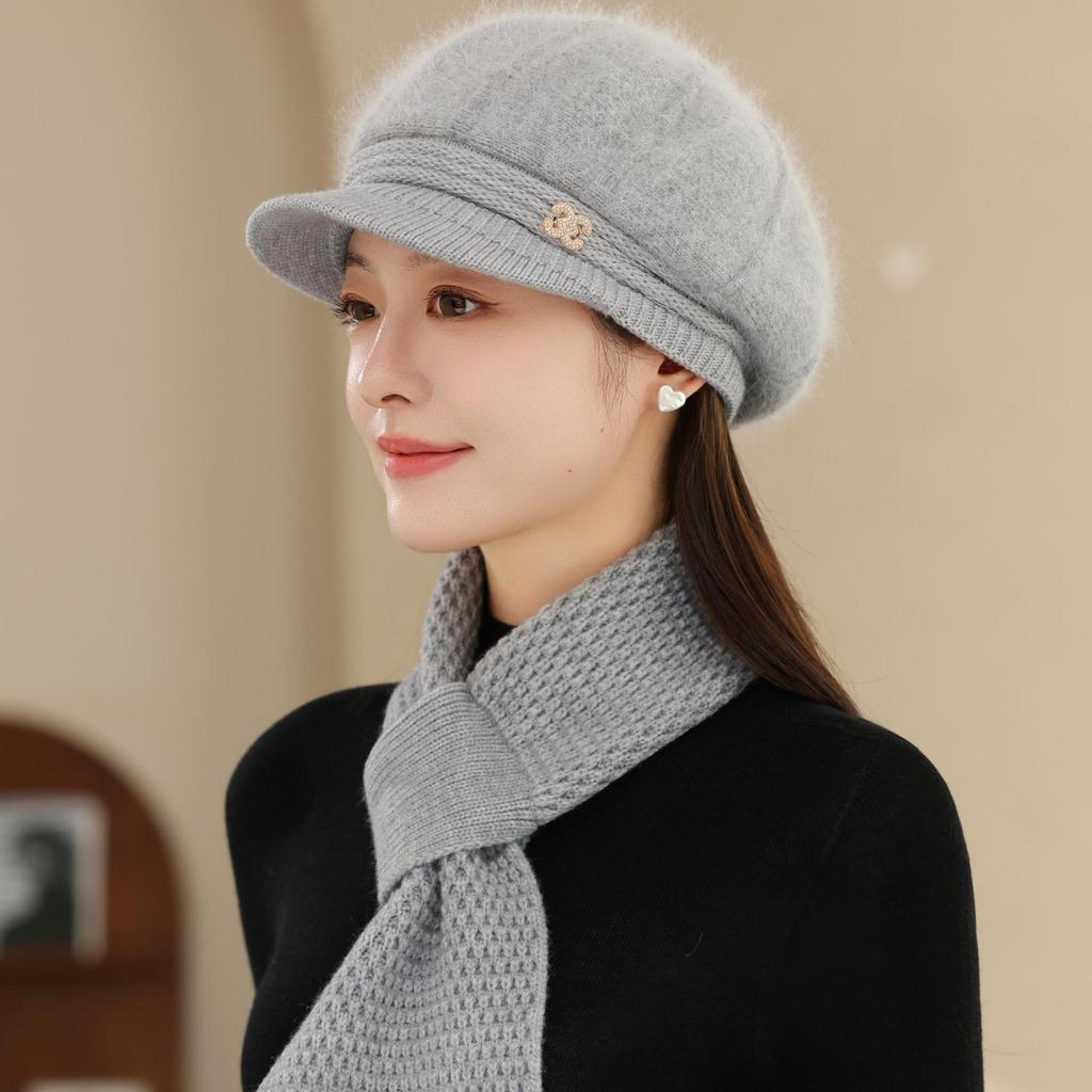 Плюс Бархатная Теплая Шапка-Ведро Вязаная Шапка-Рыбак Шарф Защищающий от Холода для Пожилой Бабушки Тренд Осенне-Зимней Шапки