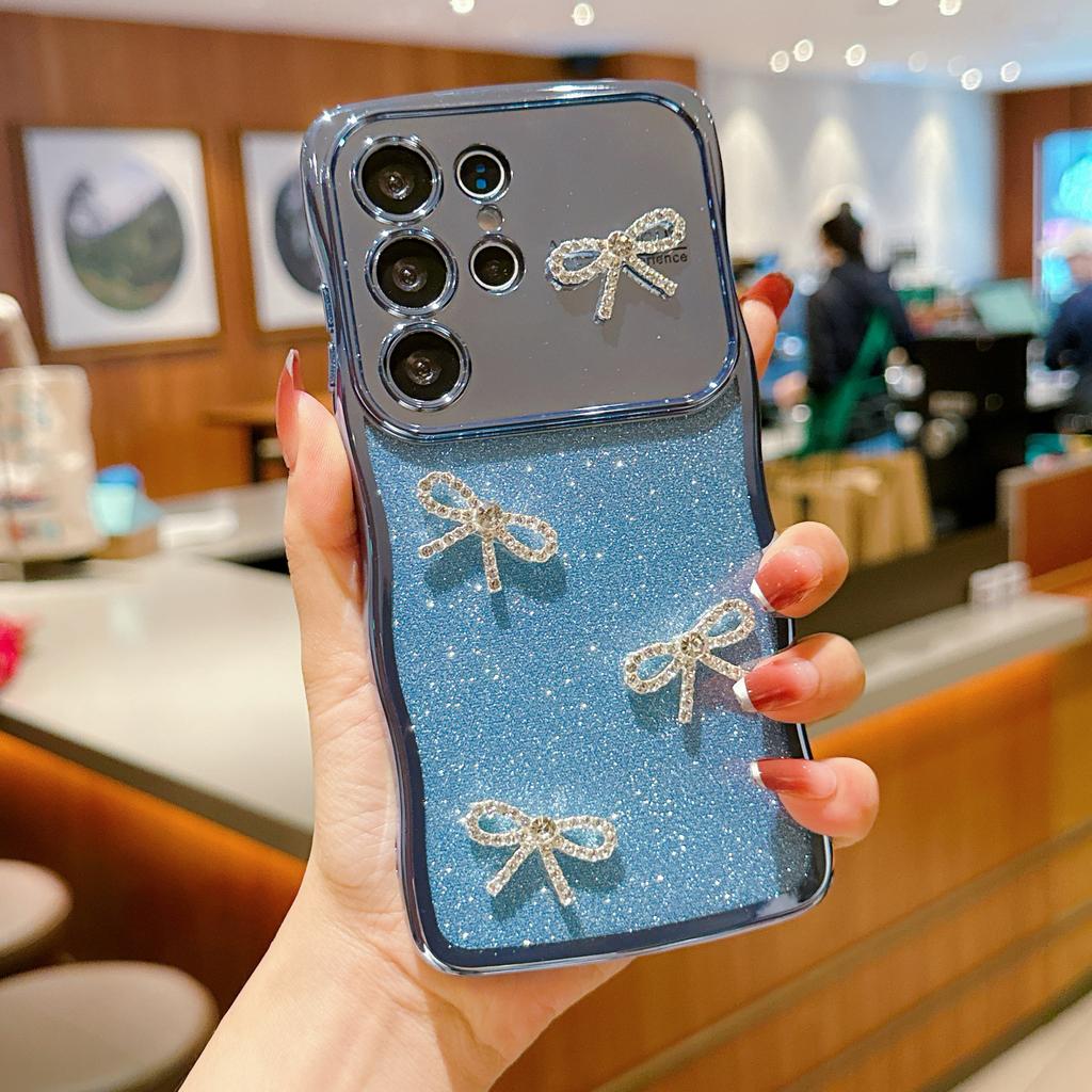 For Samsung Galaxy S24 Ultra Case Electroplated Wavy Frame Glitter TPU Phone Cover with Rhinestone Bow Decor