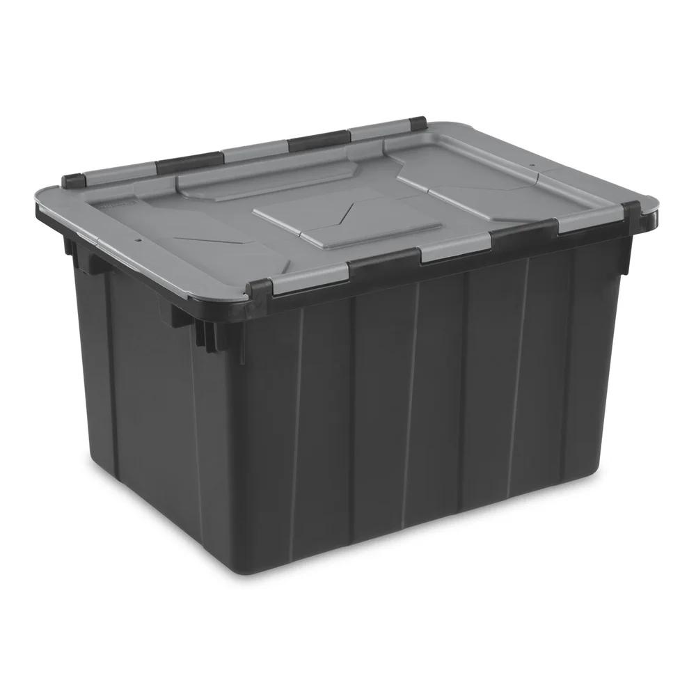 12 Gallon Industrial Tote Heavy Duty Hinged Lid Storage Container Stackable with Handles Zip Tie Access Garage Basement