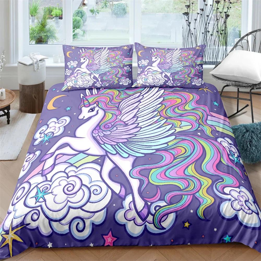 Пододеяльник с изображением единорога, короля и королевы, мультяшное животное, радуга, вселенная, комплект постельного белья для детей и подростков, космическое звездное небо, полиэстеровое одеяло