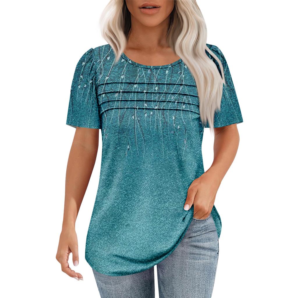 Ladies' Fashionable Printed Round Neck Pleated Short Sleeved Shirt
